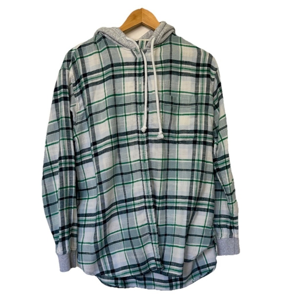 American Eagle Outfitters Shirt Men's Medium Green Plaid Hooded Flannel Henley